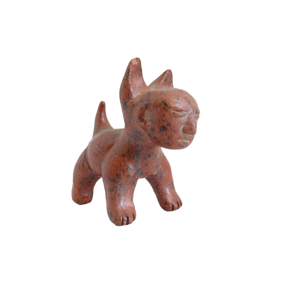 Pre-Colombian Small Redware Colima Dog Figure Replica w/ Human Face Mask 2.25" H